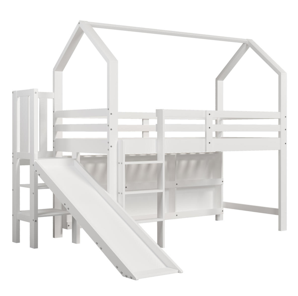 DETSKÁ posteľ 90/200 cm biela so šmykľavkou schodíkmi úložným priestorom a policou z masívneho dreva a MDF - biela, kompozitné drevo (90/200cm) - OKWISH