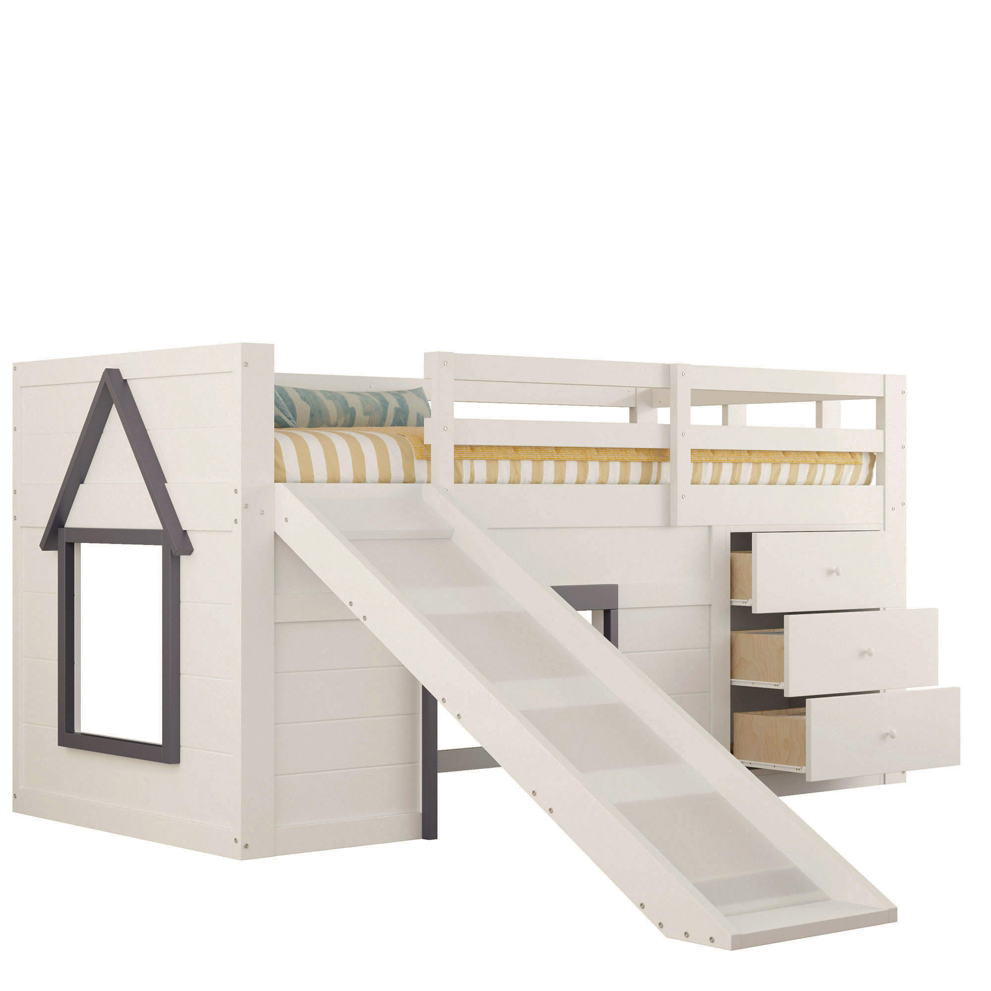 HOCHBETT 90/200 cm creme aus MDF mit Rutsche und Schubladen - Weiß, Holzwerkstoff (90/200cm) - OKWISH