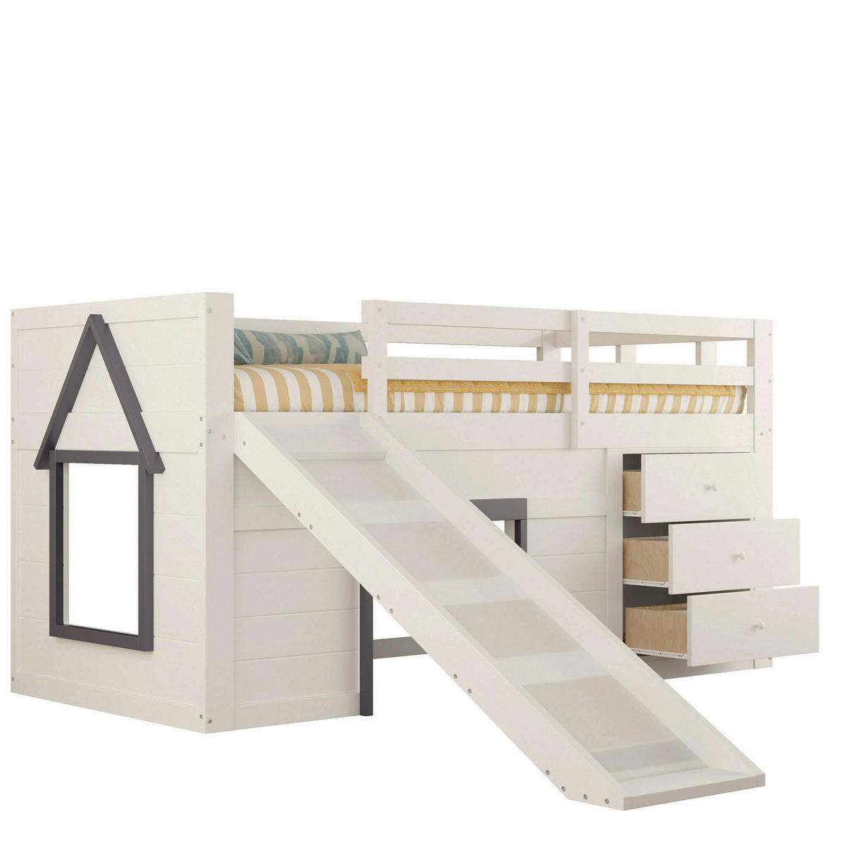 HOCHBETT 90/200 cm creme aus MDF mit Rutsche und Schubladen - Weiß, Holzwerkstoff (90/200cm) - OKWISH