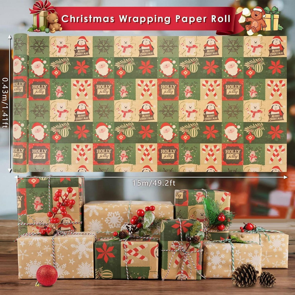 GESCHENKPAPIER 2-teiliges Set 43 cm x 15 m Weihnachten Kraftpapier - Multicolor, Papier (8/4/43cm)
