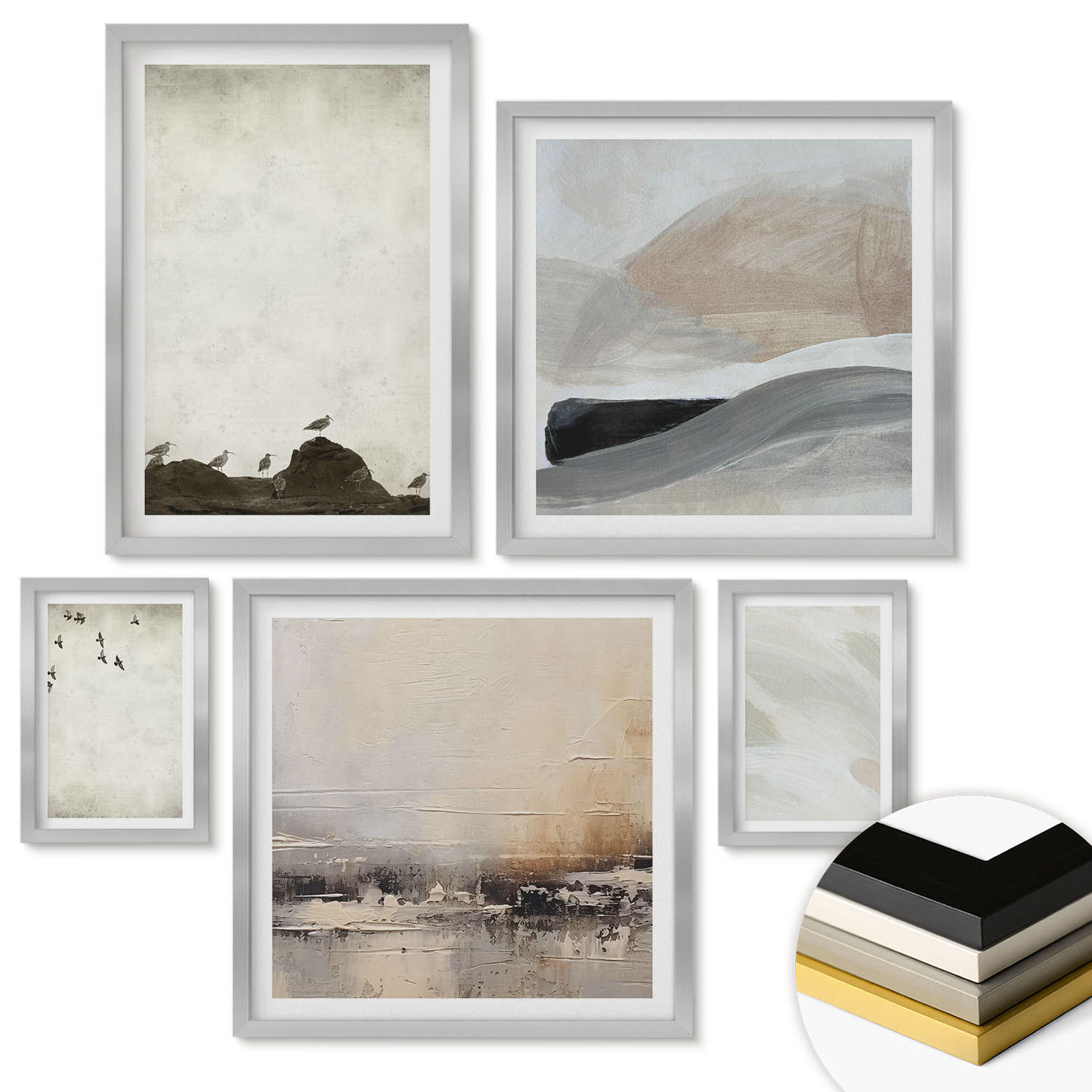 WANDBILDER 5er Set - 50x50 cm & 20x30 cm & 40x60 cm Silberner Rahmen - Vögel, Steine, Pinselstriche, Verzierungen - Silberfarben, Kunststoff (40/60cm) - ArtPrintCave