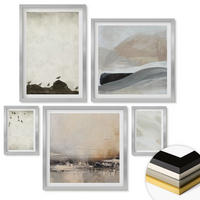 WANDBILDER 5er Set - 50x50 cm & 20x30 cm & 40x60 cm Silberner Rahmen - Vögel, Steine, Pinselstriche, Verzierungen - Silberfarben, Kunststoff (40/60cm) - ArtPrintCave