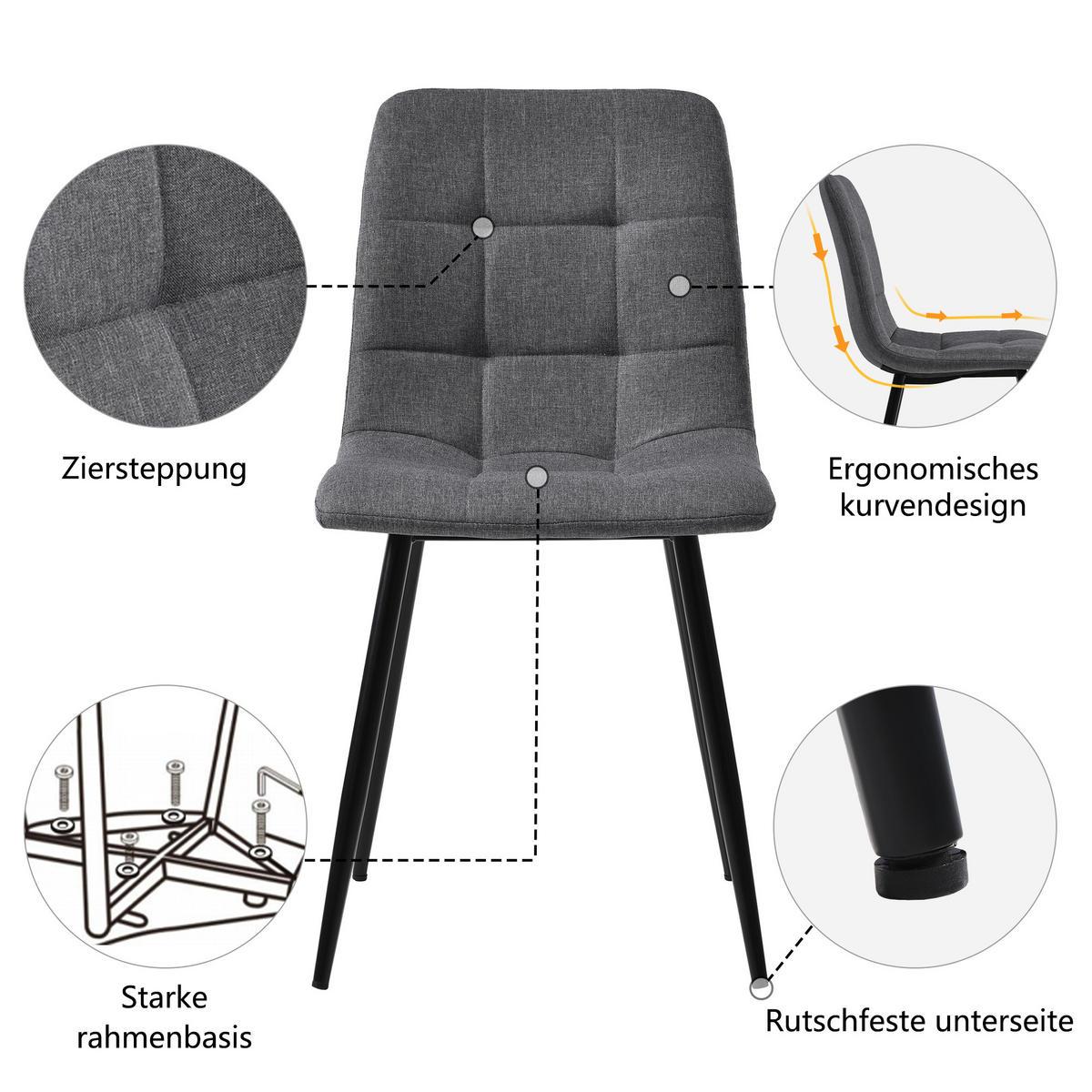 POLSTERSTUHL mit Rückenlehne stabil Grau 41x44x86 cm Textil 4er-Set - Grau, Textil (41/86/44cm) - SONNENH