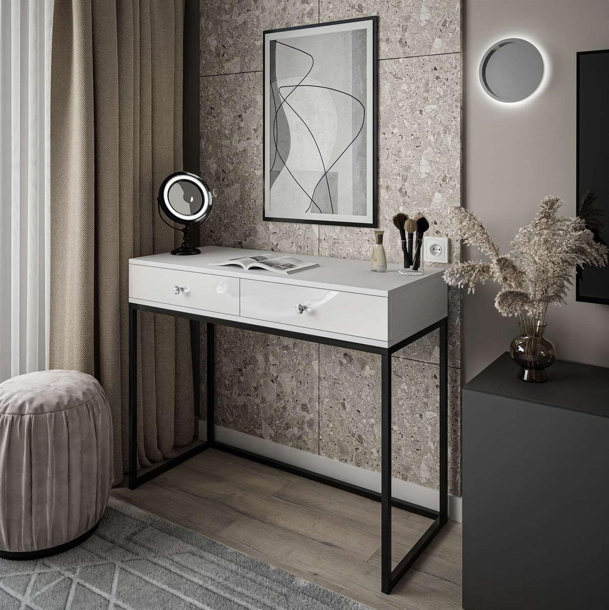 KONSOLE BLANCO LOFT Schwarz / Weiß Hochglanz Kristallgriff - Weiß Hochglanz/Schwarz, Holzwerkstoff (42/100/81cm) - Lookway