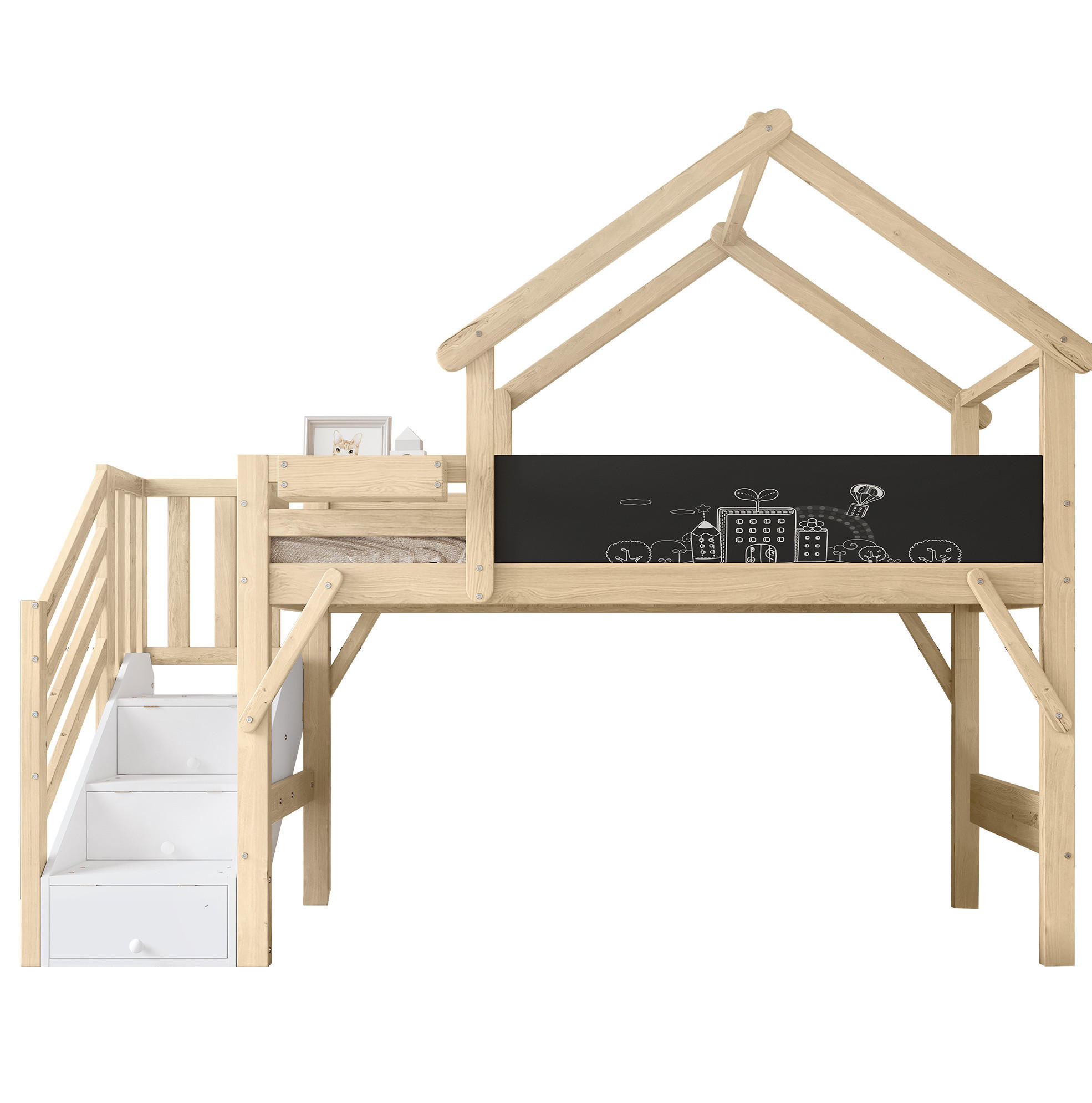 HAUSBETT 90/200 cm Weiß/Natur mit Stauraumtreppe und Tafel - Weiß, Holzwerkstoff (90/200cm) - Flora Grace