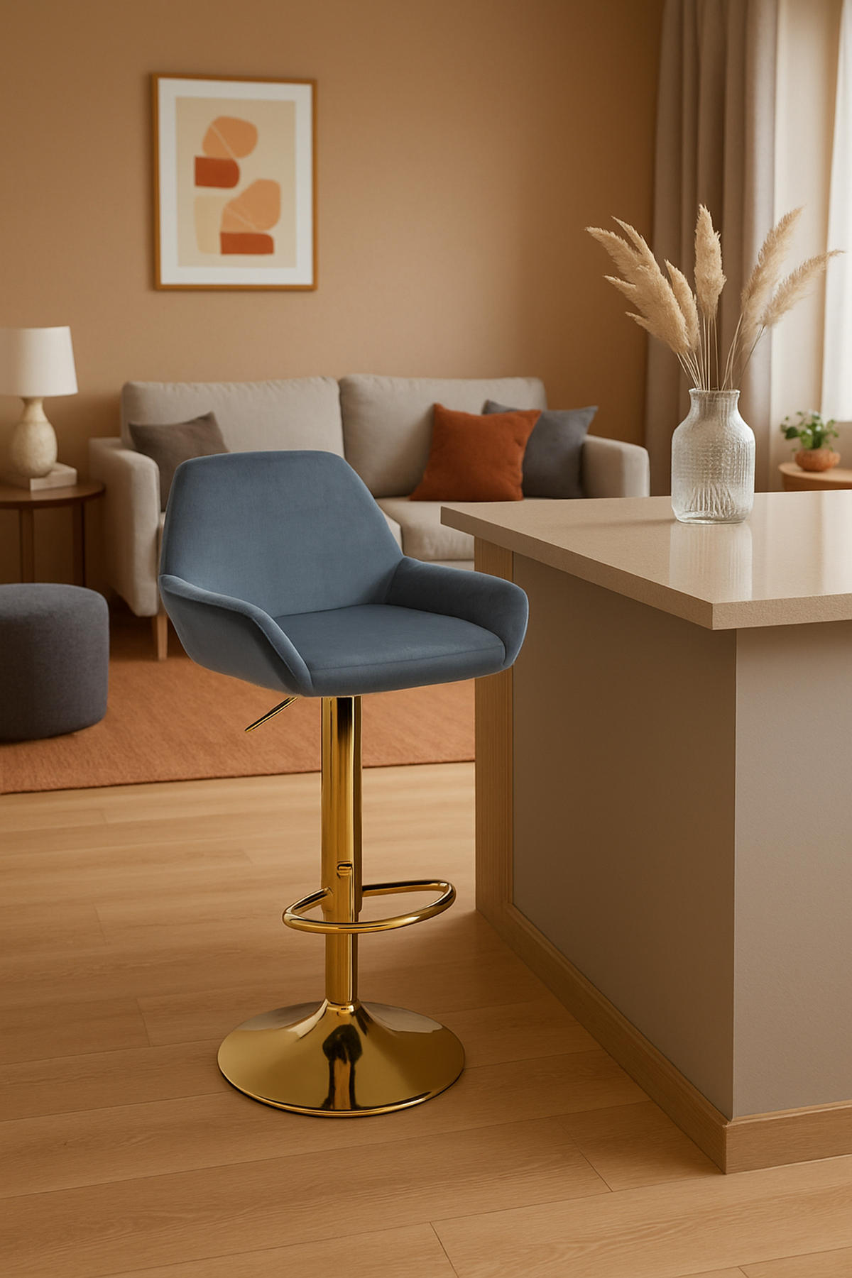 BARHOCKER 2er Set Prag Gold Samt blau - Blau/Goldfarben, Textil/Metall (51/109/52cm) - TPFLiving