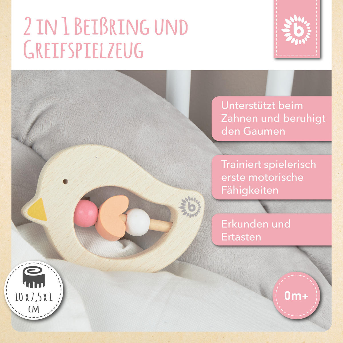 BEISSRING Holz Vogel - ab Geburt - Orange, Holz (7.5/10.3cm) - Bieco Spielwaren