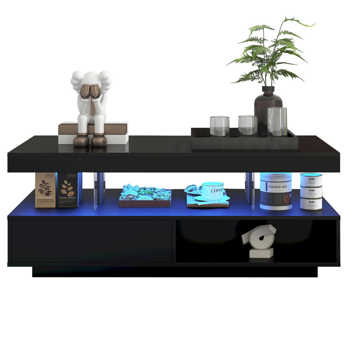COUCHTISCH Schwarz Hochglanz mit 4 Glaseinsätzen, 2 Schubladen & LED per App, 95/50/42,5 cm,Schwarz - Schwarz, Holzwerkstoff (50/95/42.5cm) - Redom