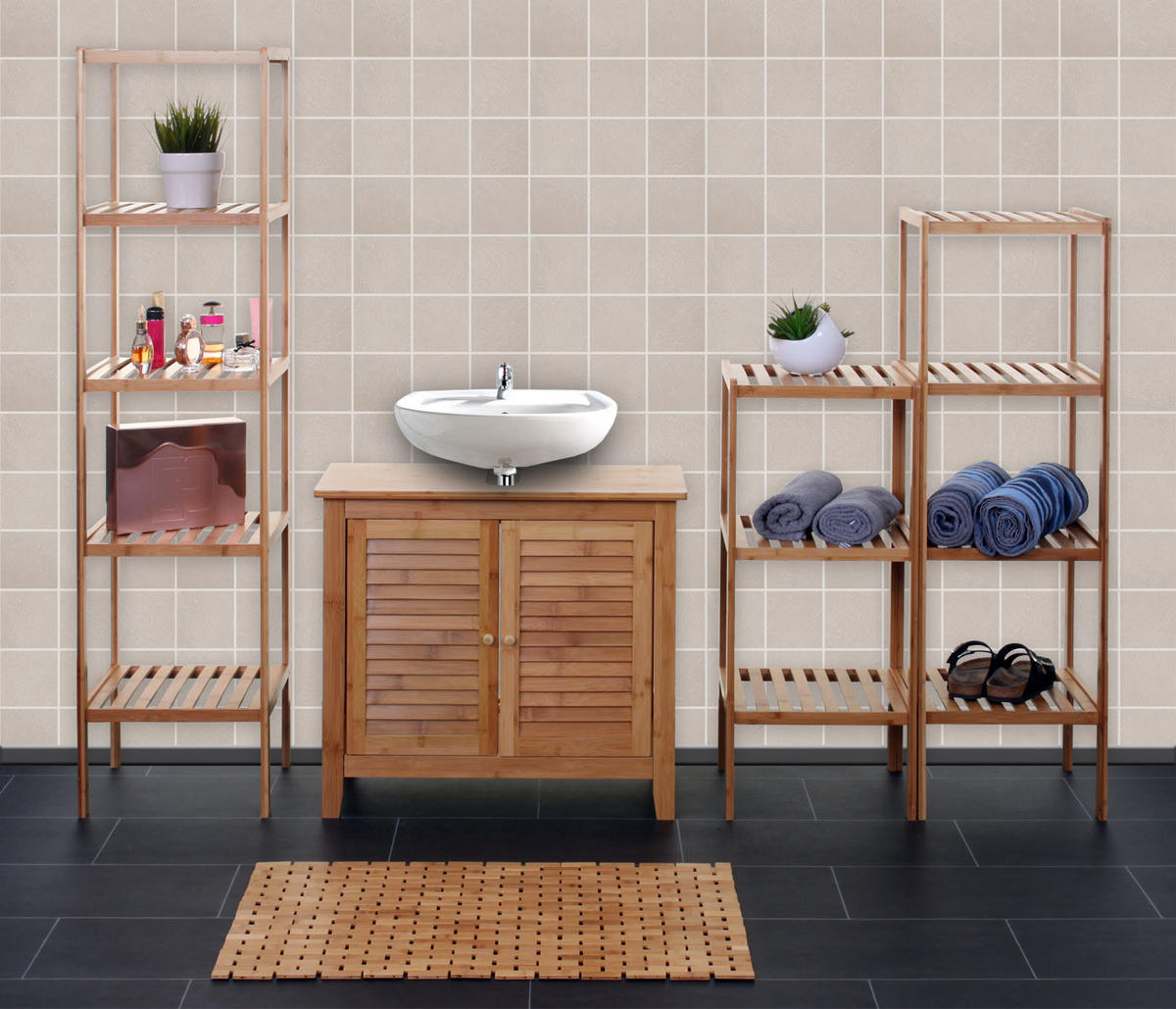 BADEZIMMERSET Braun 5er-Set - Braun, Holz (34/140/33cm) - MCW
