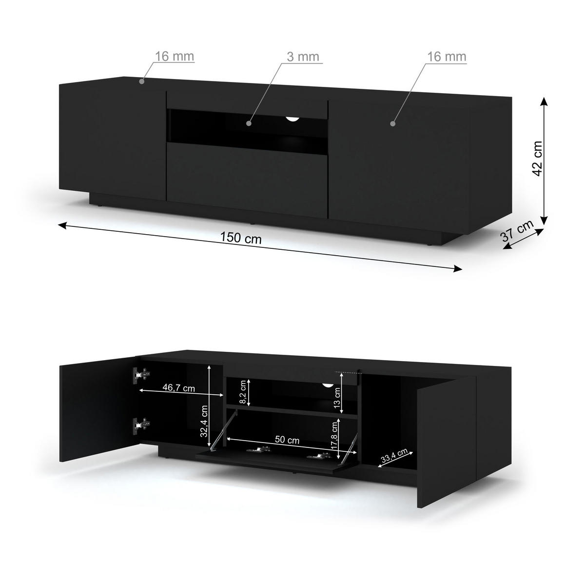 TV LOWBOARD Schwarz 150/42/37 - Schwarz, Holzwerkstoff (150/42/37cm) - RAUMHIRSCH FURNITURE