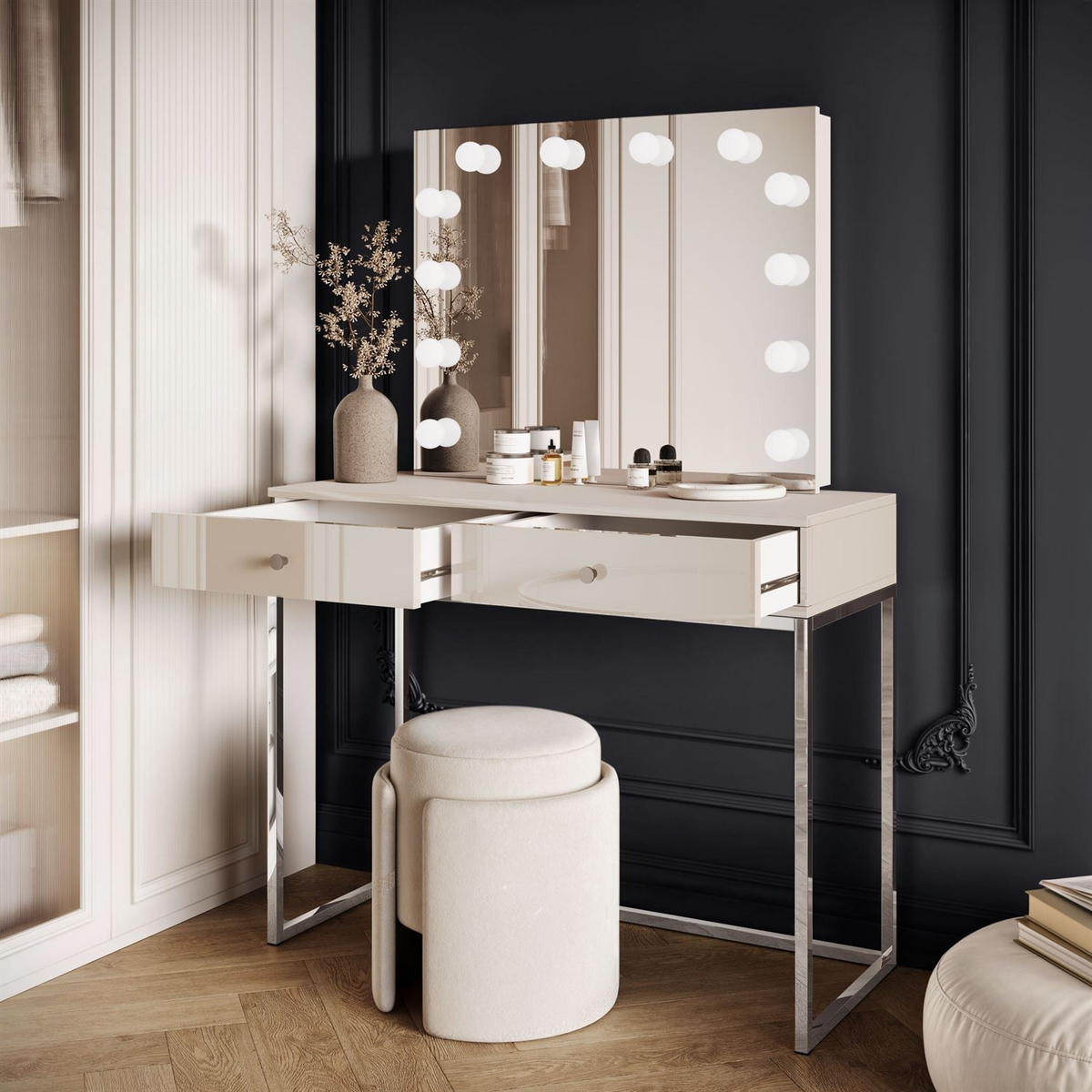 SCHMINKTISCH BLANCO KASCHMIR ELITE mit Spiegel und Beleuchtung silberner Chrom silberner Griff - Ecru, Holzwerkstoff (100/81/42cm) - Lookway