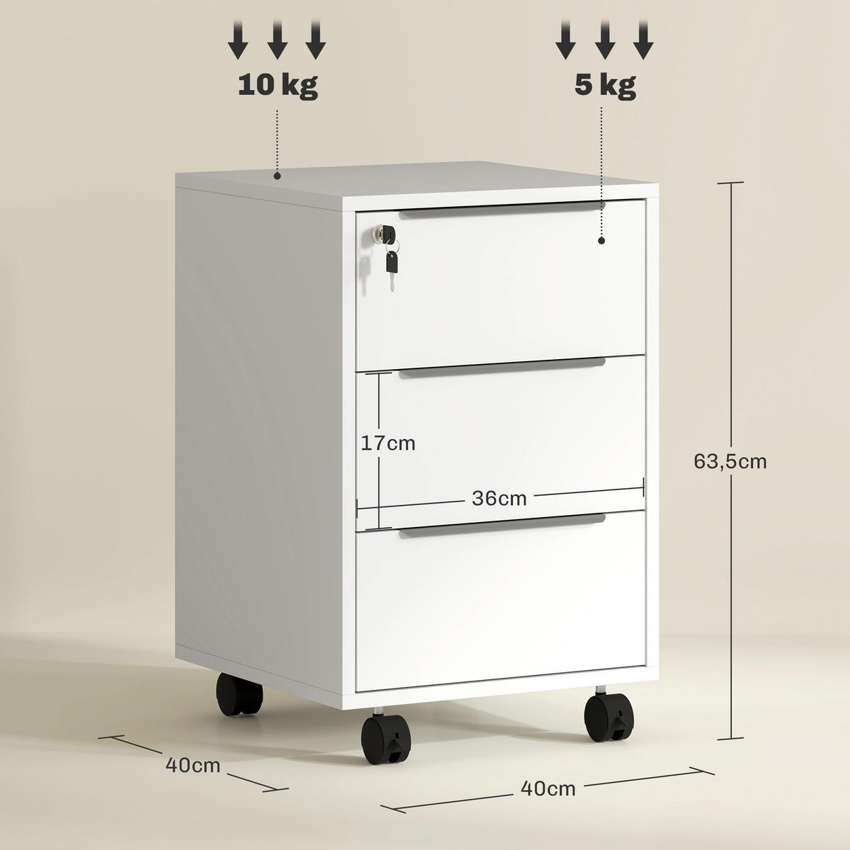 ROLLCONTAINER DE-14436 3 Schubladen abschließbar Weiß - Weiß, Holzwerkstoff (40/63.5/40cm) - ComfortXL