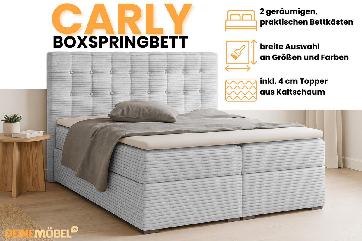 BOXBETT CARLY 140/200 in Cord Hellgrau mit Taschen-Federkernmatratzen 7 Zonen H4 - Hellgrau, Holz/Holzwerkstoff (140/200cm) - Deine Möbel 24