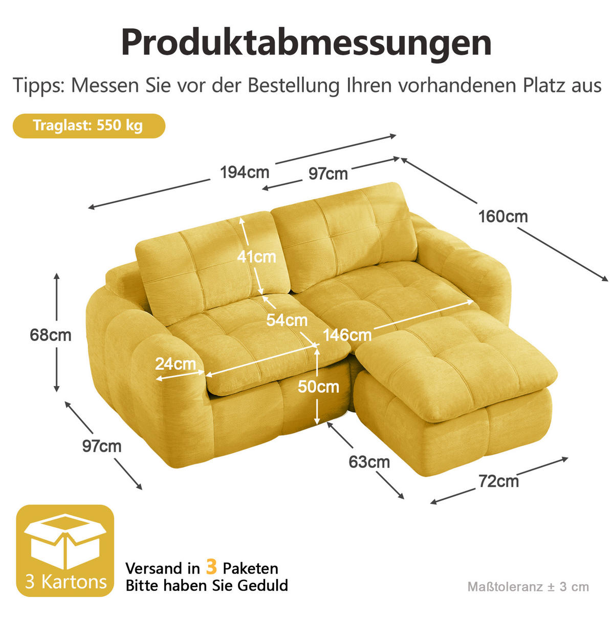 SOFA 194/160/68 cm in Gelb aus Chenille mit Hocker, rahmenlos und montagefrei - Gelb, Textil (160/68/194cm) - Flora Grace
