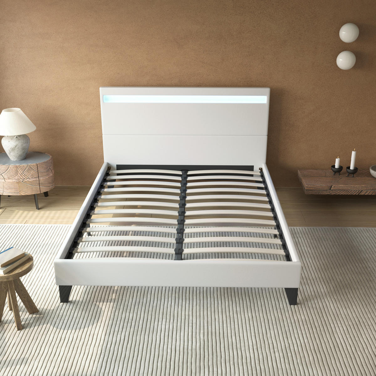 BETT 140x200 cm mit Kopfteil aus weißem Kunstleder - Weiß, Naturmaterialien (140/200cm) - November Sleep