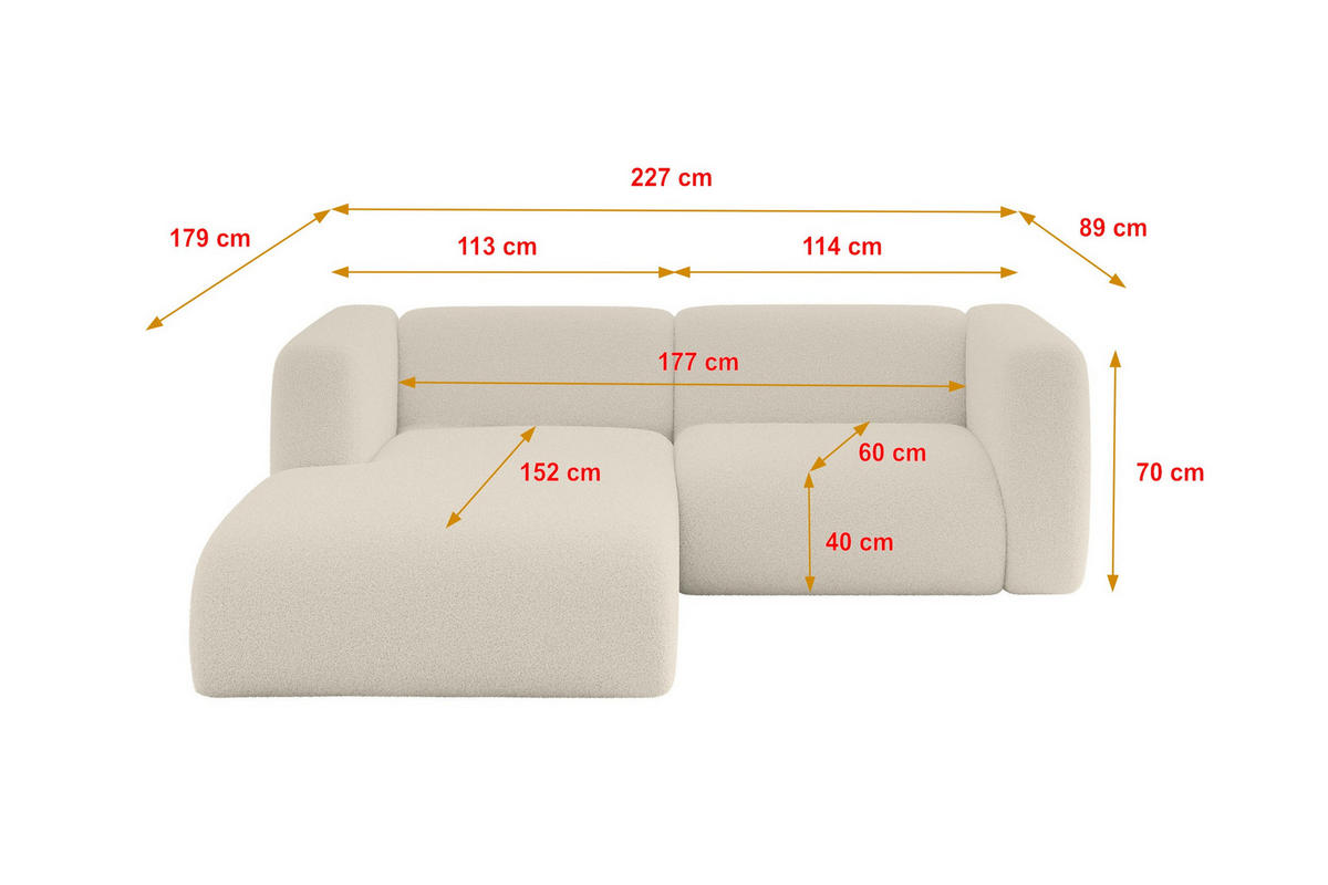 ECKSOFA Ottomane Links MIRA-L1 227x179x89 Beige Bouclé - Kaschmir/Beige, Holzwerkstoff/Kunststoff (227/179cm) - ALTDECOR