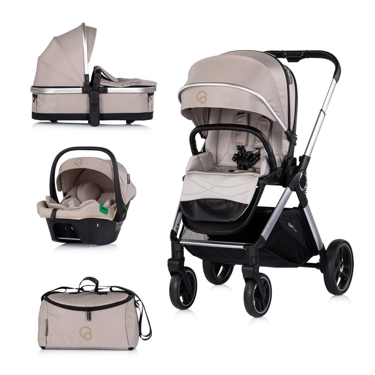 KOMBIKINDERWAGEN Euphoria 3in1 beige Sportsitz Babyschale umbaubar klappbar - Beige, Metall (88/64/107cm) - Chipolino
