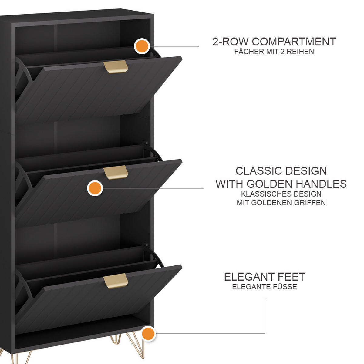 SCHUHSCHRANK Helge Schwarz 60 x 128.5 cm 3 Fächer - Schwarz, Holzwerkstoff (60/128.5/23.5cm) - Vicco