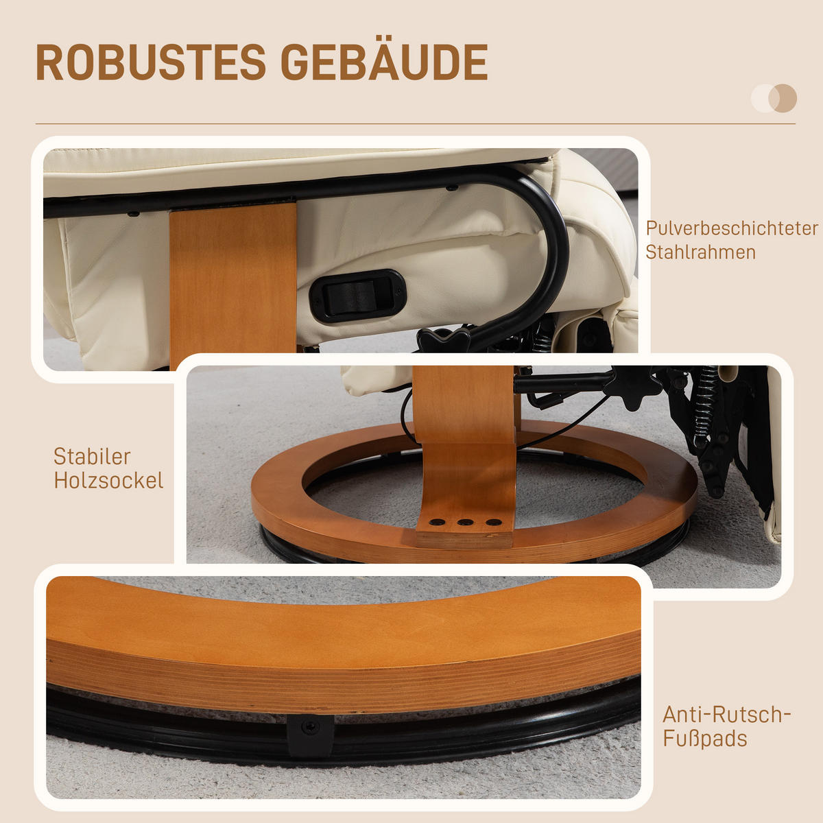 RELAXSESSEL Drehbar Fernsehsessel mit Liegefunktion, Fußstütze, Cremeweiß - Creme, Leder (88/103/78cm) - HOMCOM
