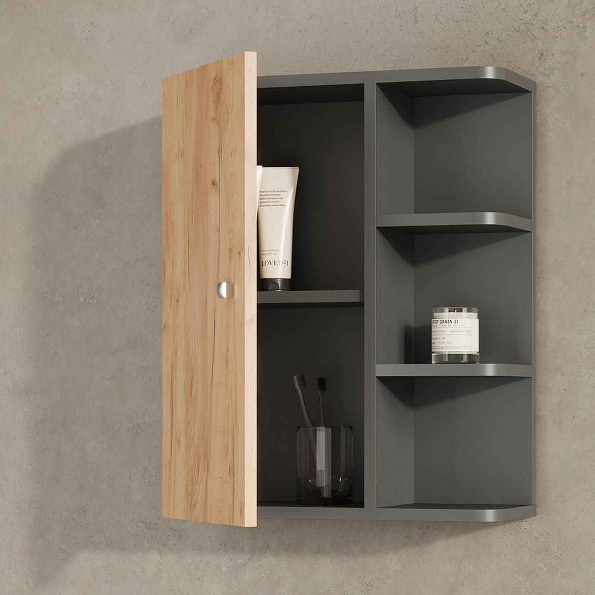 BADSCHRANK Fucino Anthrazit/Goldkraft Eiche 47.2 x 59.2 cm - Anthrazit/Eiche Wotan, Holzwerkstoff (47.2/59.2/20.8cm) - Livinity®