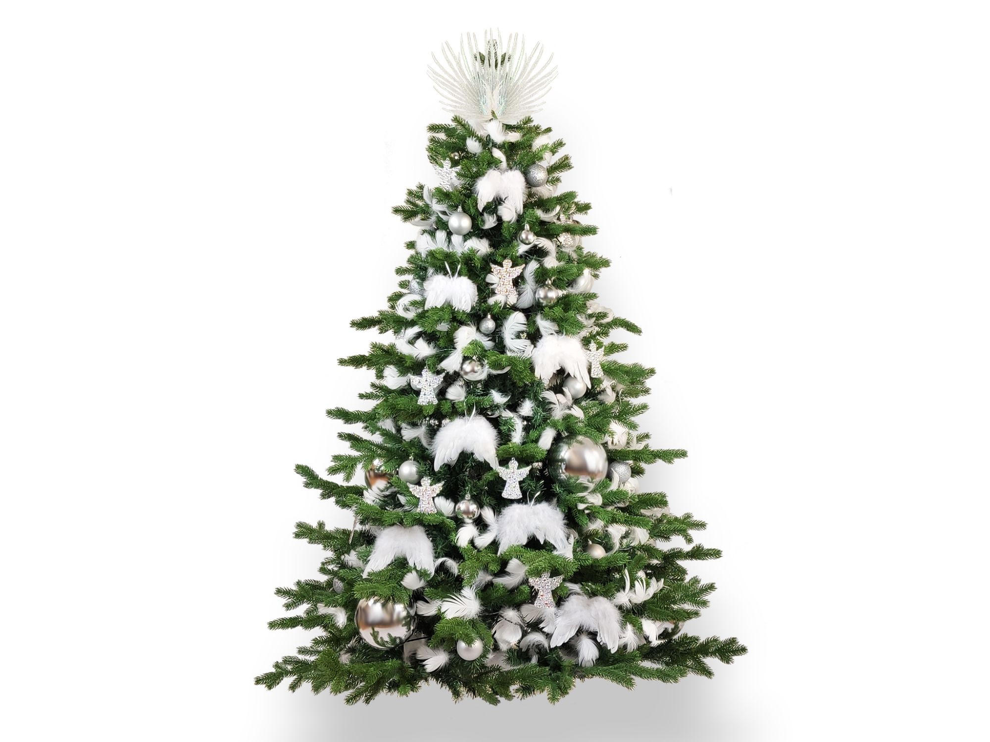 WEIHNACHTSBAUM geschmückt künstlich mit 136 Ornamenten ANGEL WINGS 240 cm Baum mit Ständer und Weihnachtsschmuck - Silberfarben/Weiß, Kunststoff (240cm) - LAALU
