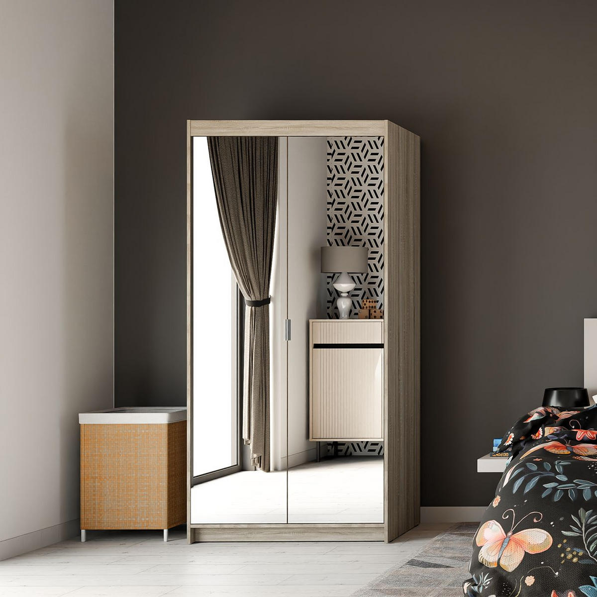 DREHTÜRENSCHRANK ELENORA 89,7/190,5/53cm 2-türig mit Spiegel Sonoma Eiche - Sonoma Eiche, Holzwerkstoff (89.7/190.5/53cm) - MASSENO