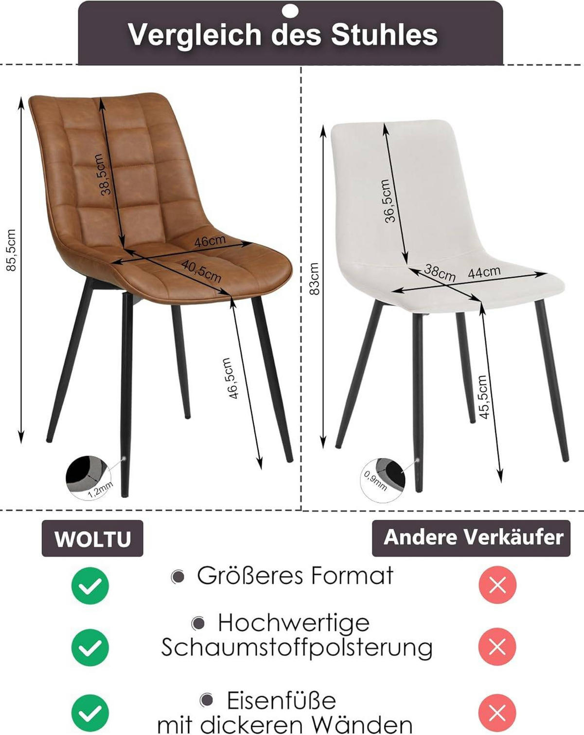 ESSZIMMERSTUHL 2er Set, Sitzfläche aus Kunstleder - Hellbraun/Schwarz, Metall (46.5/85.5/46cm) - Woltu