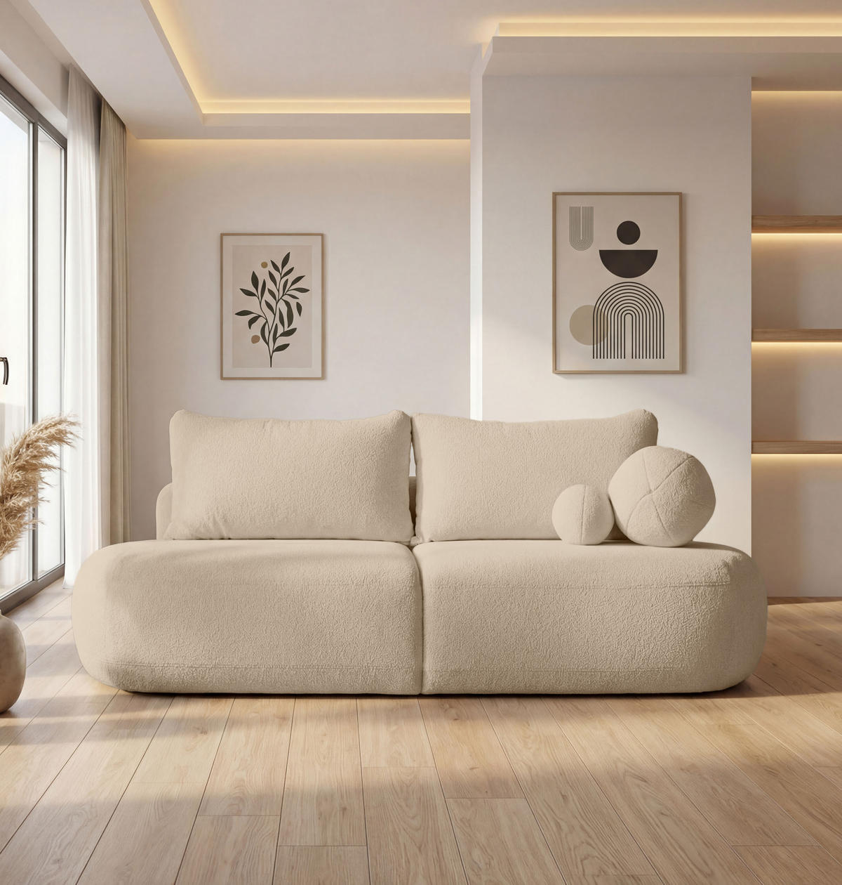 SCHLAFSOFA Bolla 3-Sitzer mit Bettkasten, Elfenbein Weiß Boucle 240/90/90 cm - Schwarz/Weiß, Kunststoff/Textil (240/90/90cm) - WFL GROUP