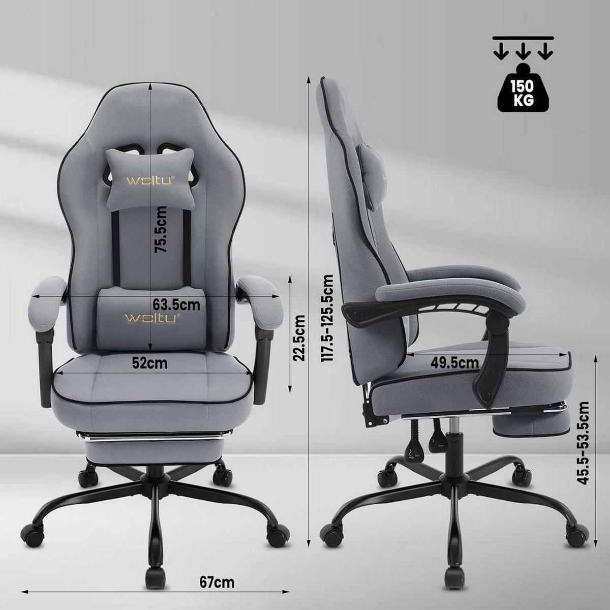 GAMINGSTUHL Drehstuhl, Netzstoff, Grau - Schwarz/Grau, Kunststoff/Textil (63.5/117.5/60cm) - Woltu