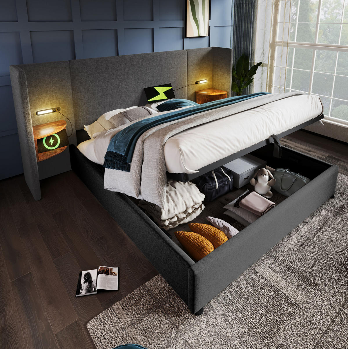 POLSTERBETT 160/200 cm Grau aus Leinen mit Stauraum - Grau, Textil (160/200cm) - OKMYHOME