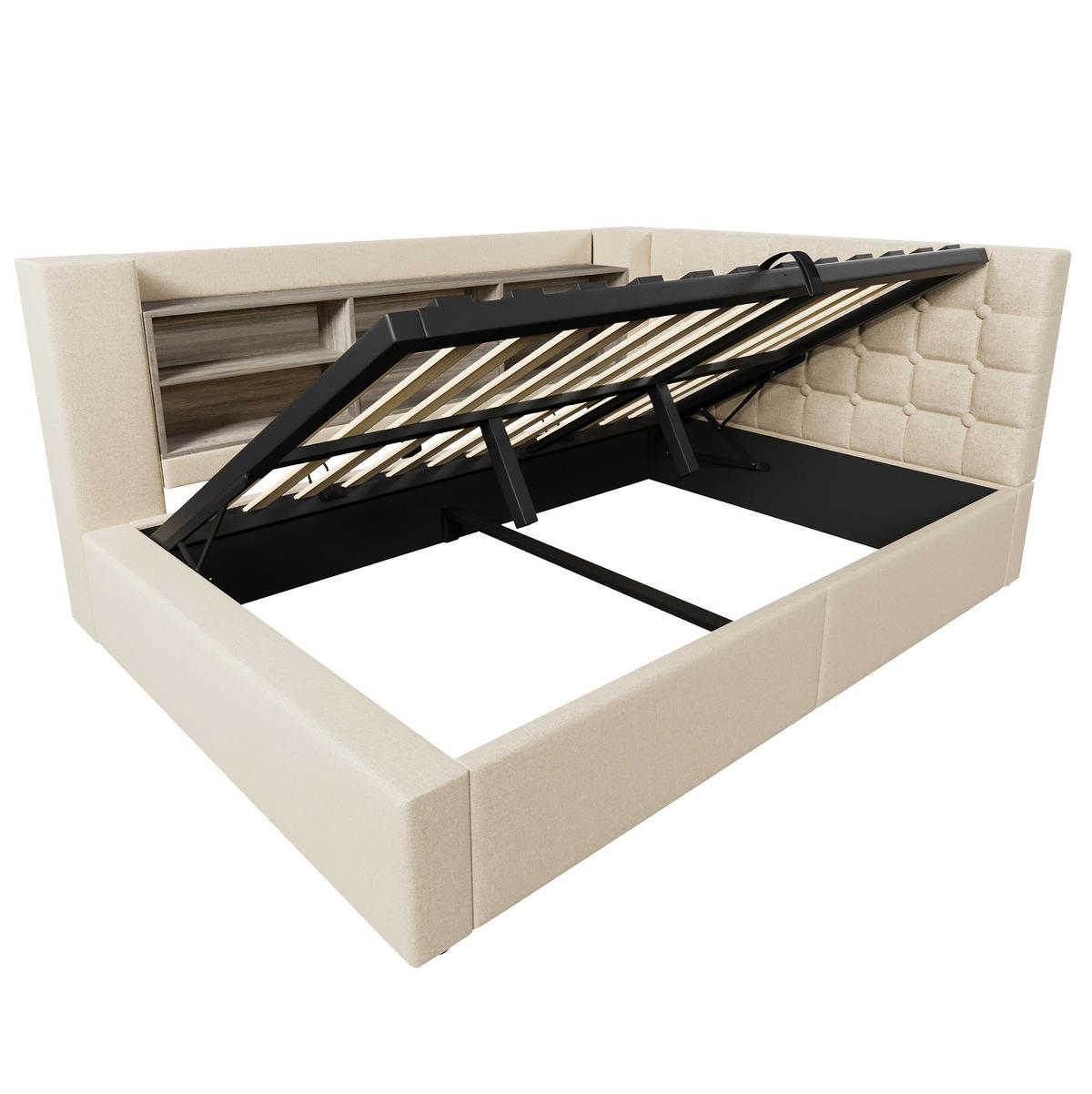 ČALÚNENÁ posteľ z ľanu a kovu 140x190 cm béžová s LED osvetlením, USB nabíjaním a hydraulickým úložným priestorom - béžová, textil (140/190cm) - Modfu
