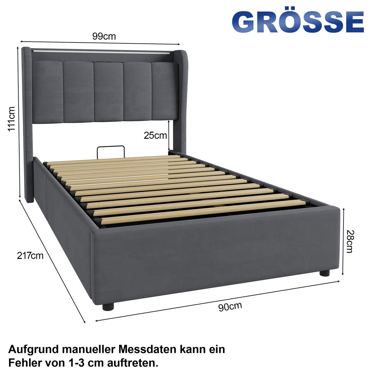 ČALOUNĚNÁ postel 90x200 cm tmavě šedá ze sametu s LED osvětlením, hydraulickým úložným boxem a nabíjecím konektorem - tmavě šedá, textil (90/200cm) - OKWISH