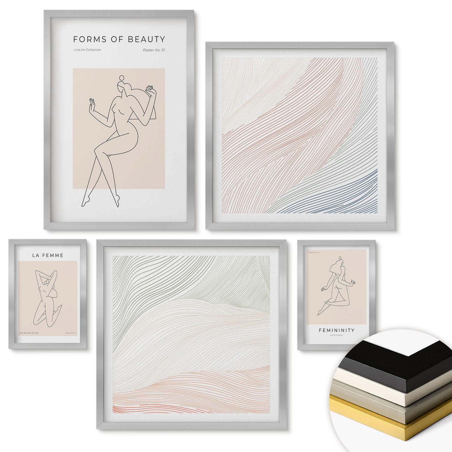 WANDBILDER 5er Set - 50x50 cm & 20x30 cm & 40x60 cm Silberner Rahmen - Weibliche Silhouetten auf Plakaten - Silberfarben, Kunststoff (40/60cm) - ArtPrintCave