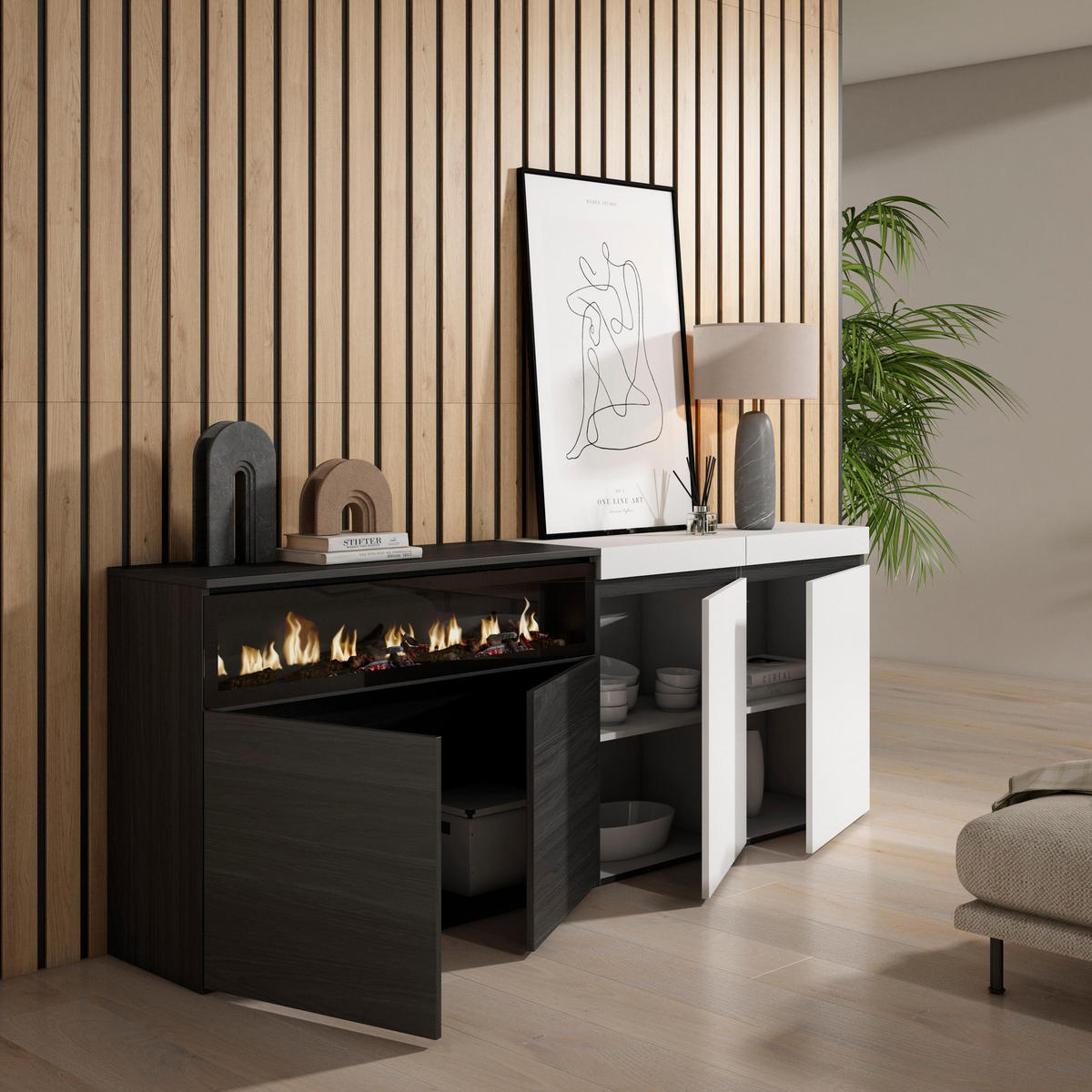 SIDEBOARD Elektrokamin, weiß und schwarz, 200/35/75cm - Multicolor/Schwarz, Holzwerkstoff (200/75/35cm) - Skraut Home