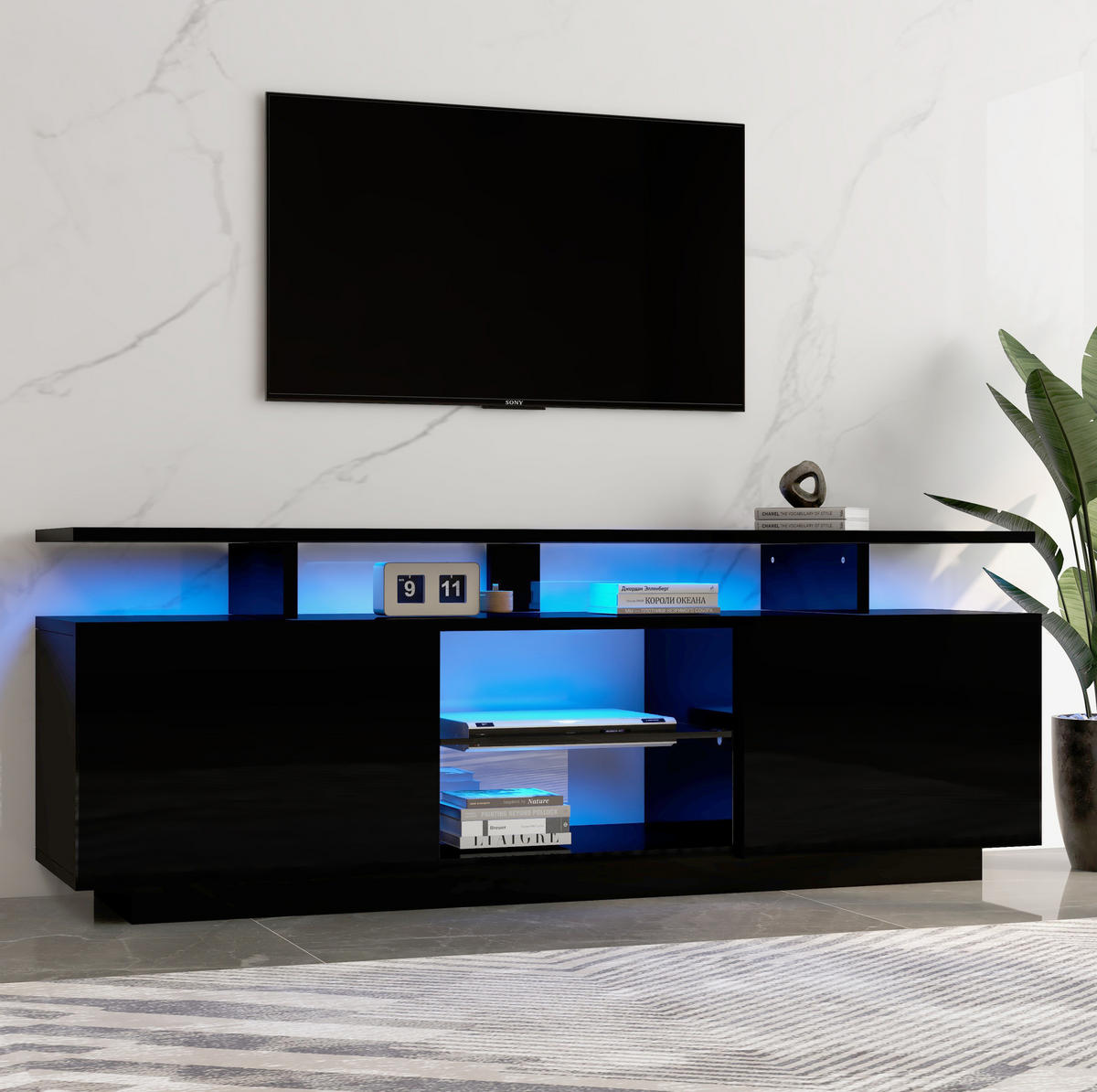 TV-LOWBOARD aus Spanplatte 140x35x55 cm Schwarz mit LED-Beleuchtung, 2 Hochglanztüren und 5 offenen Fächern - Schwarz, Holzwerkstoff (140/55/35cm) - IVMEU