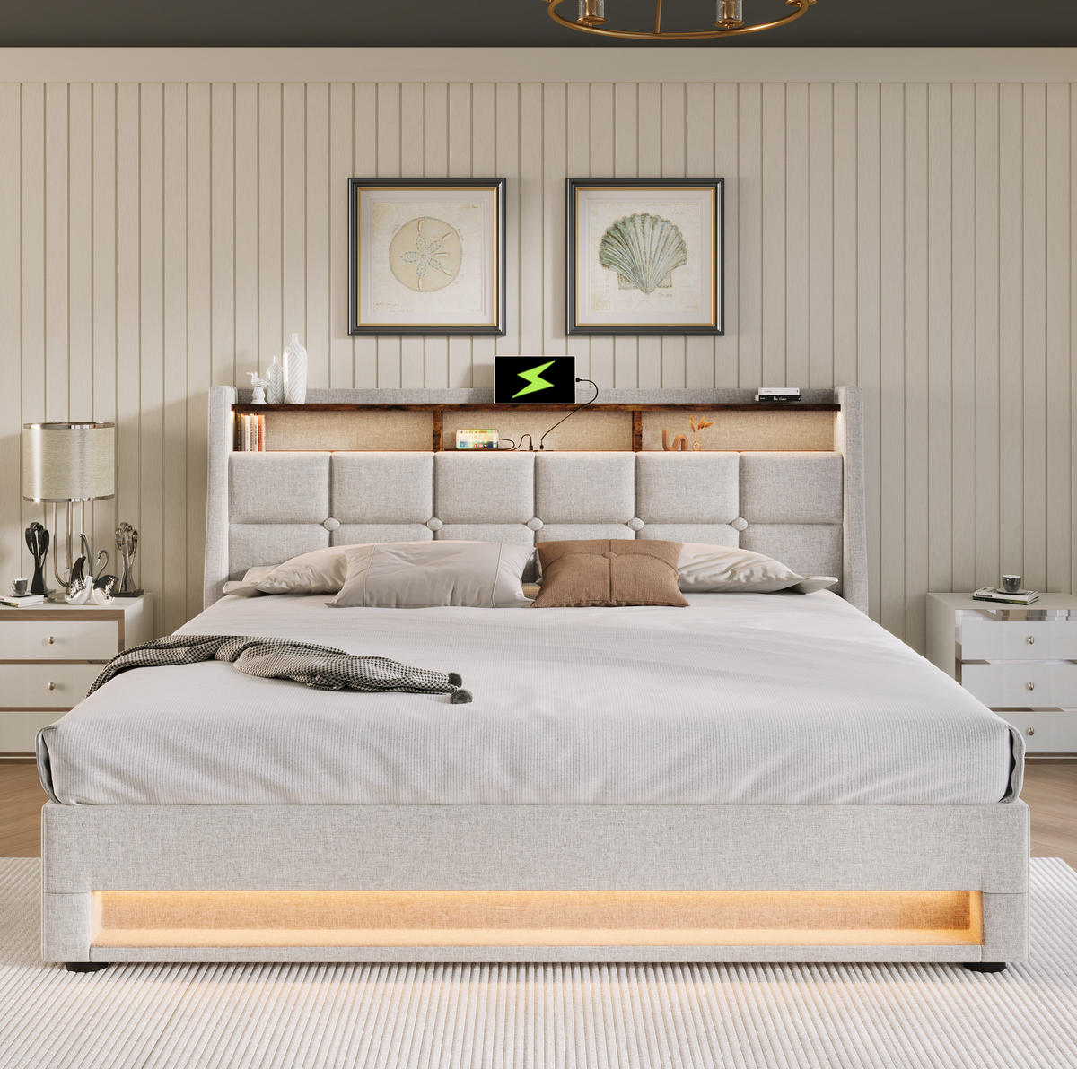 ČALÚNENÁ posteľ 180/200 cm s USB portom, LED osvetlením a úložným priestorom, ľan, Svetlobéžová - béžová, textil (180/200cm) - Redom