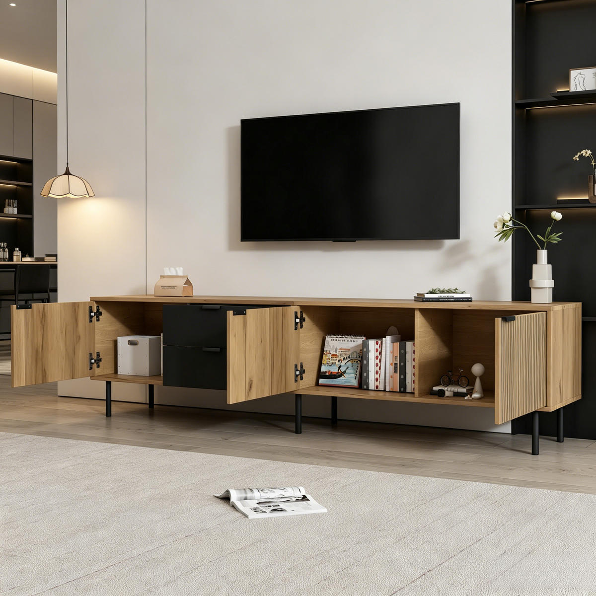 NÍZKÁ KOMODA 208 cm Kabelový Management 3 Zásuvky - různobarevná, kompozitní dřevo (208/48/40cm) - FLIEKS