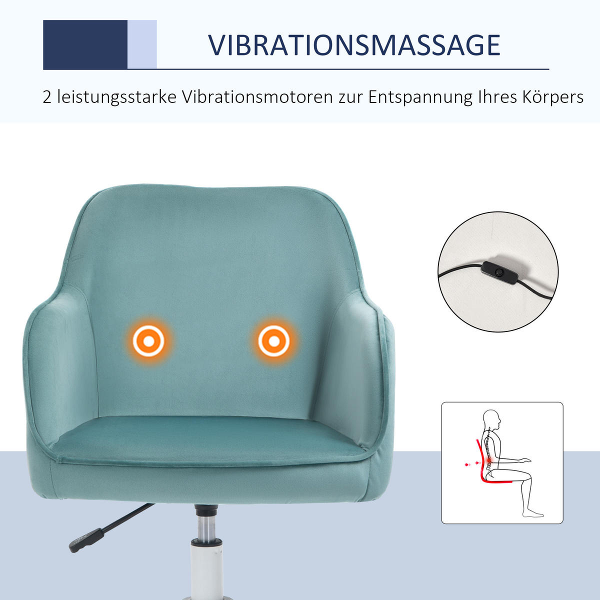 MASSAGE Bürostuhl Drehstuhl Arbeitstuhl mit Vibrationsfunktion Samt Grün - Grün, Textil (70/86/57cm) - Vinsetto