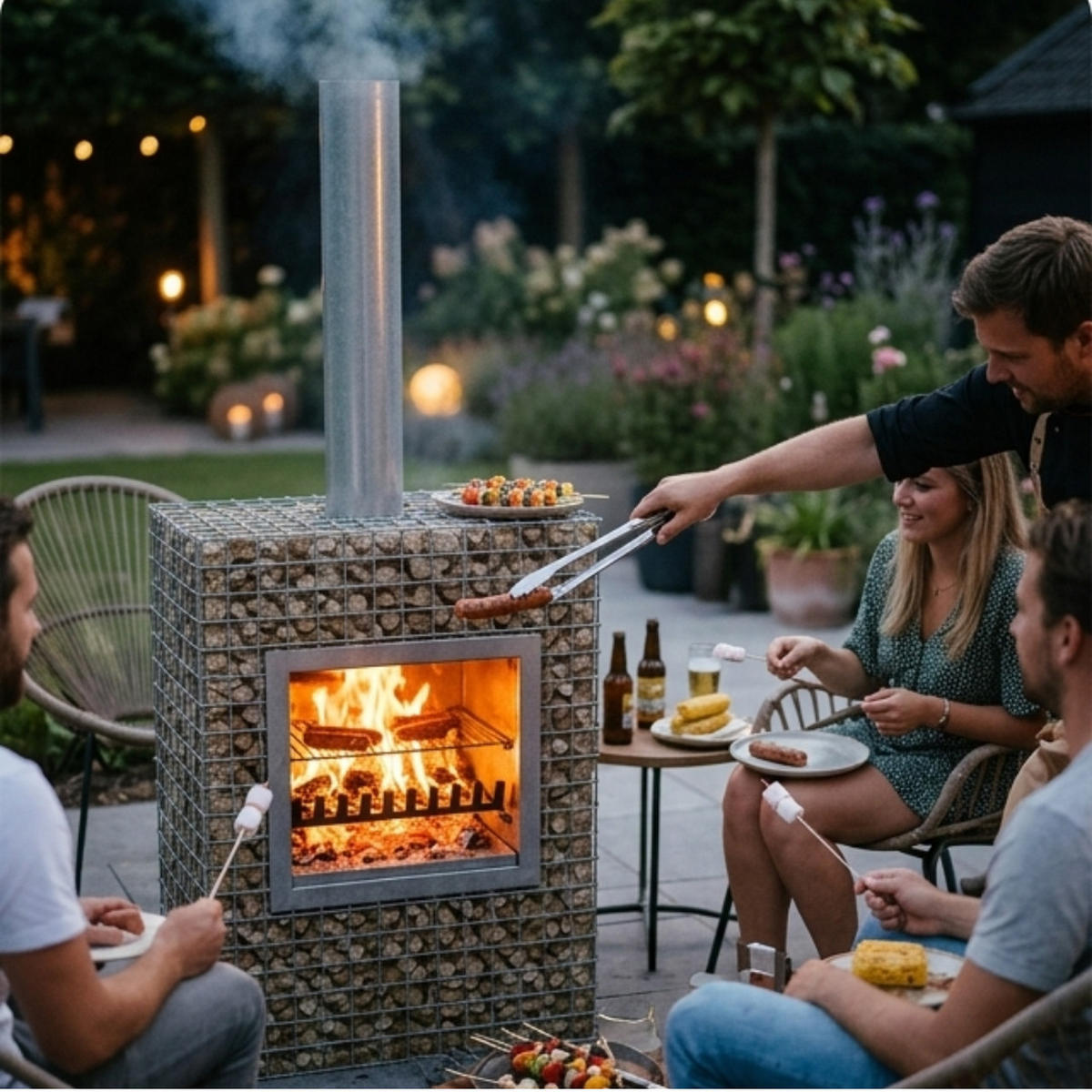 GARTENKAMIN & GRILL – Barbecook Ferro 480– Gabionenkamin, Feuerstelle, Stahlkorb Kamin, Outdoor Grill, Holzkohlegrill Terrassenkamin, Feuerschale - Hellgelb, Metall (66/100.5/40cm)