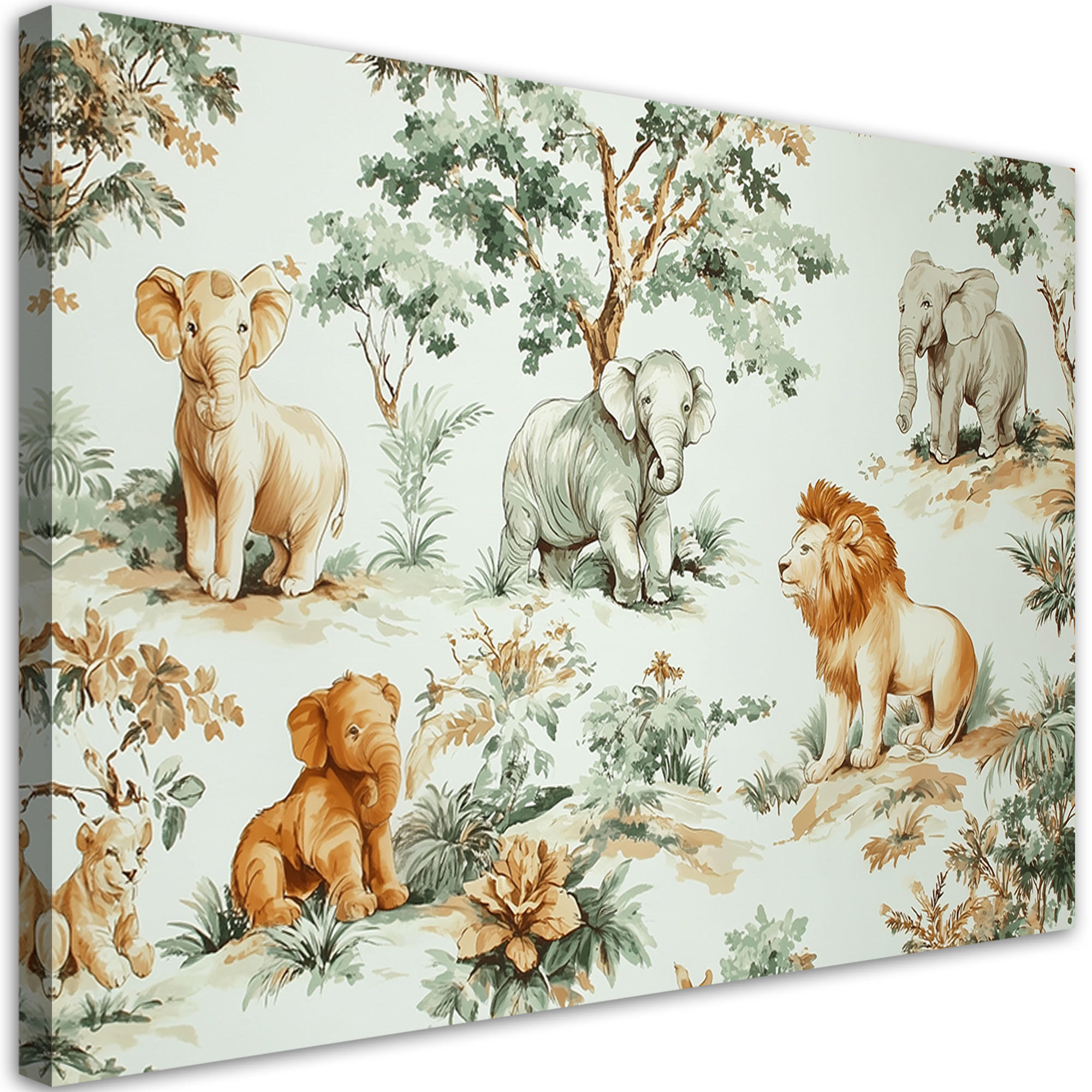 WANDBILD für kinderzimmer elefanten löwen dschungel - Grün, Textil (60/40cm) - Feeby