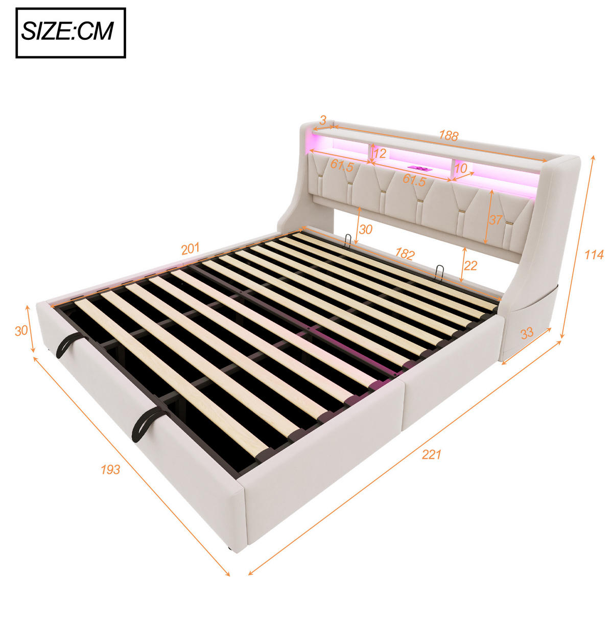 ČALÚNENÁ posteľ zo zamatového poťahu 180x200 cm béžová s LED osvetlením, USB, Type-C a úložným priestorom - béžová, textil (180/200cm) - Modfu