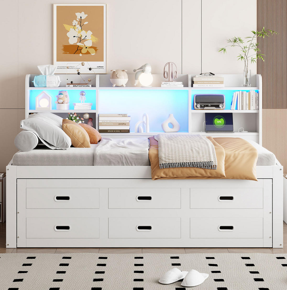 POLSTERBETT 90/200 cm in Weiß mit LED-Beleuchtung und USB- und Type-C-Anschlüssen - Weiß, Holzwerkstoff (90/200cm) - Flora Grace