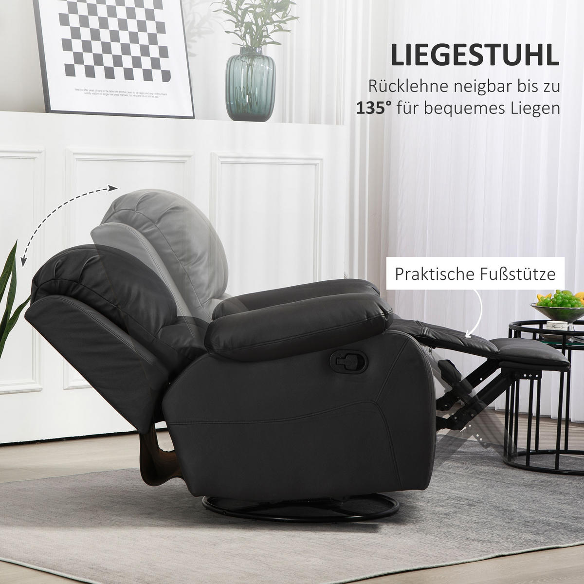 RELAXSESSEL Fernsehsessel mit Liegefunktion, Fußstütze für Wohnzimmer Schwarz - Schwarz, Textil/Metall (100/98/93cm) - HOMCOM