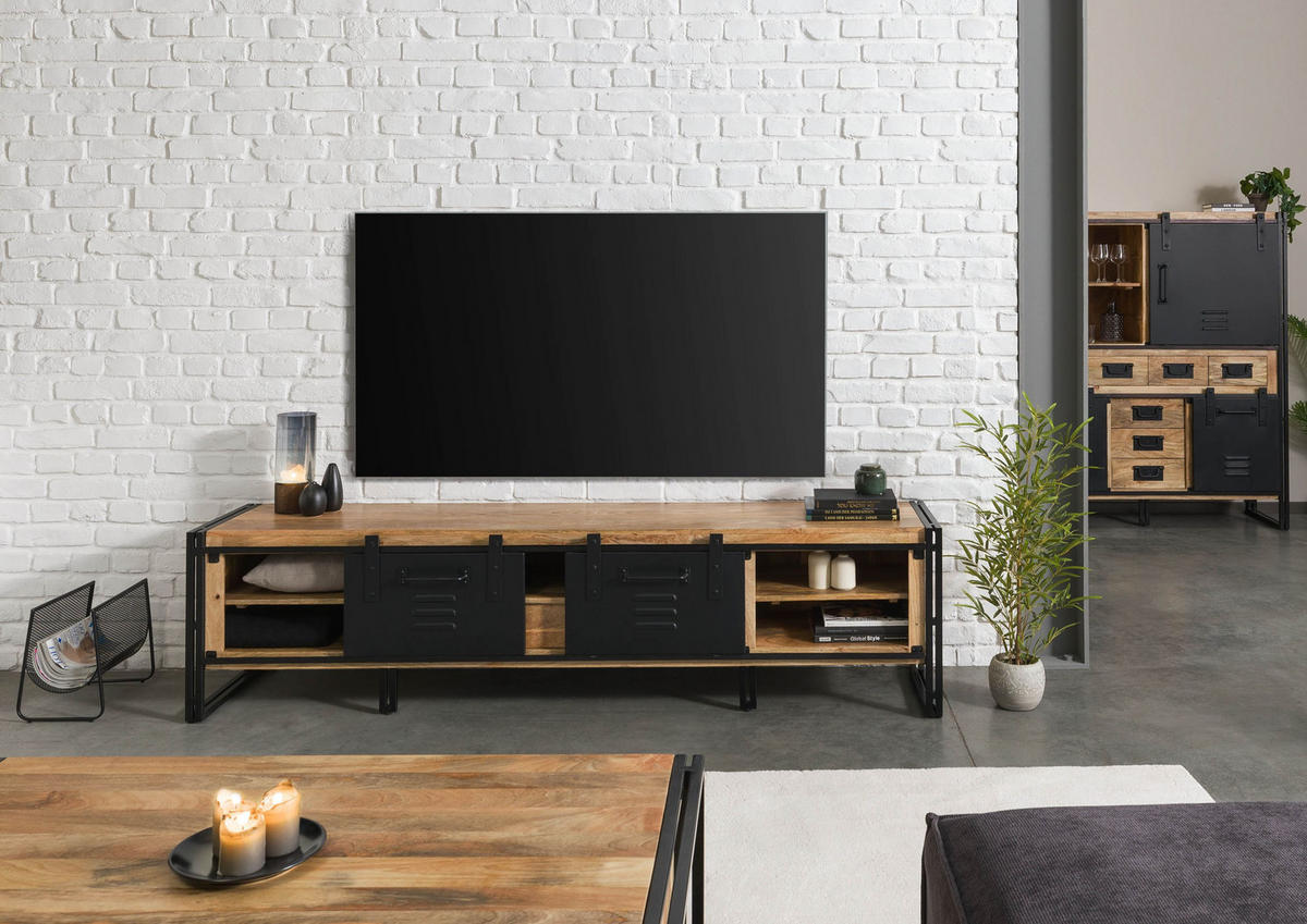 TV-BOARD Mango 220x45x55 natur klar lackiert / Metall schwarz BLACKBURN #112 - Naturfarben, Holz (220/55/45cm) - Massivmoebel24