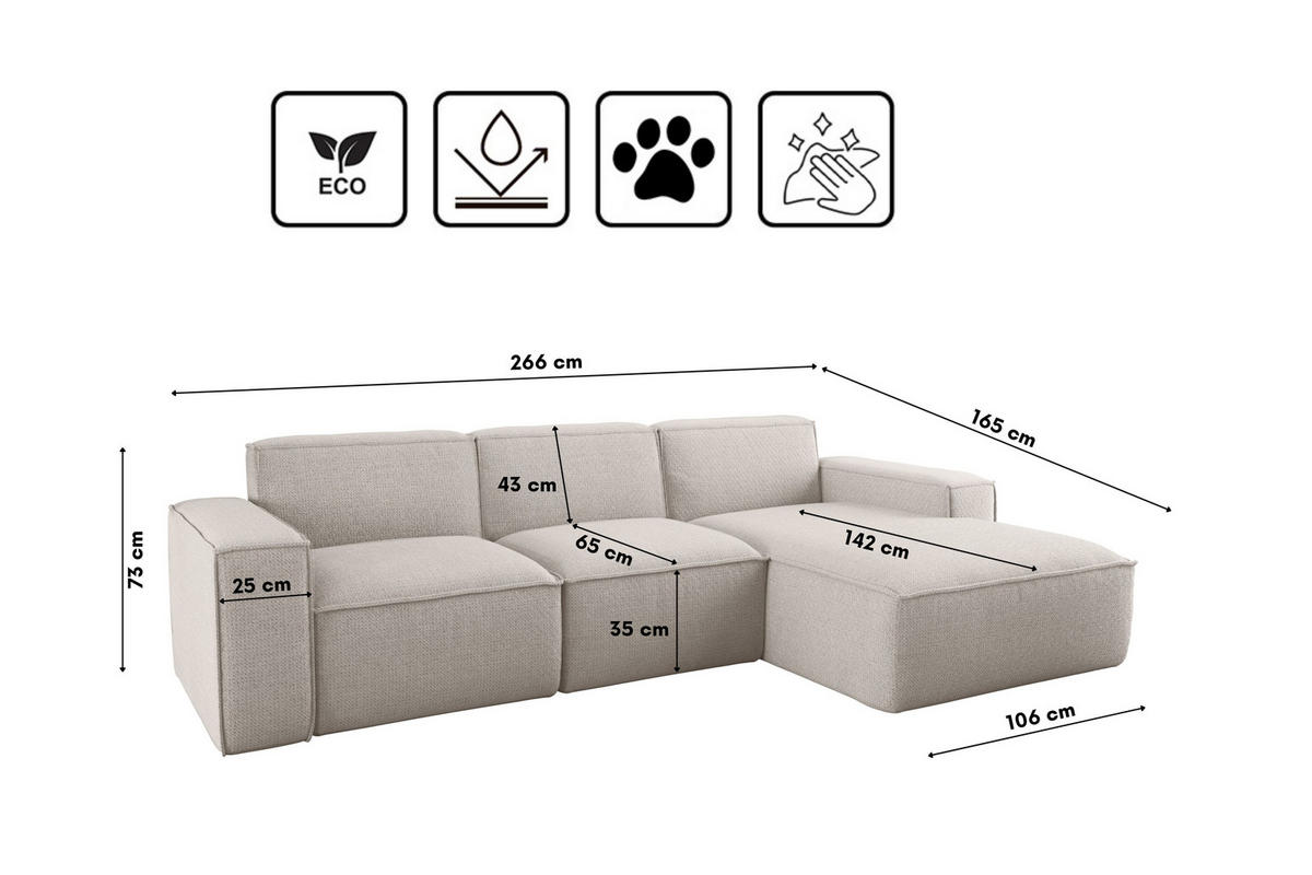 ECKSOFA L-Form Siena Stoff Artico Nata Rechts - Ecru, Holz (266/165cm) - Kaiser Möbel