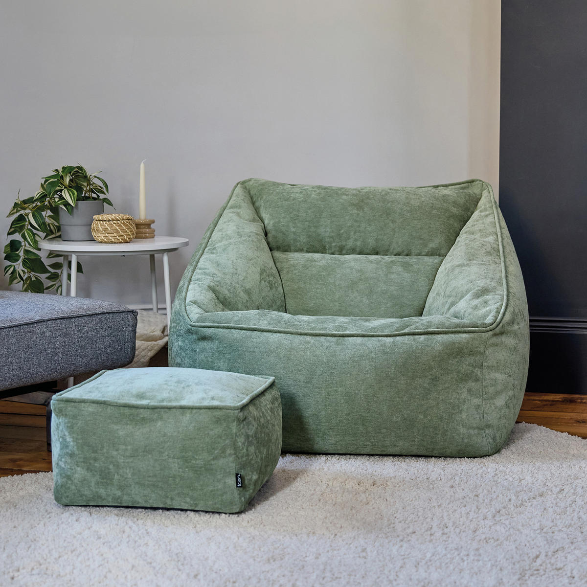SITZSACK Sessel Chenille Natalia mit Hocker - Salbeigrün, Kunststoff/Textil (100/80/88cm) - icon