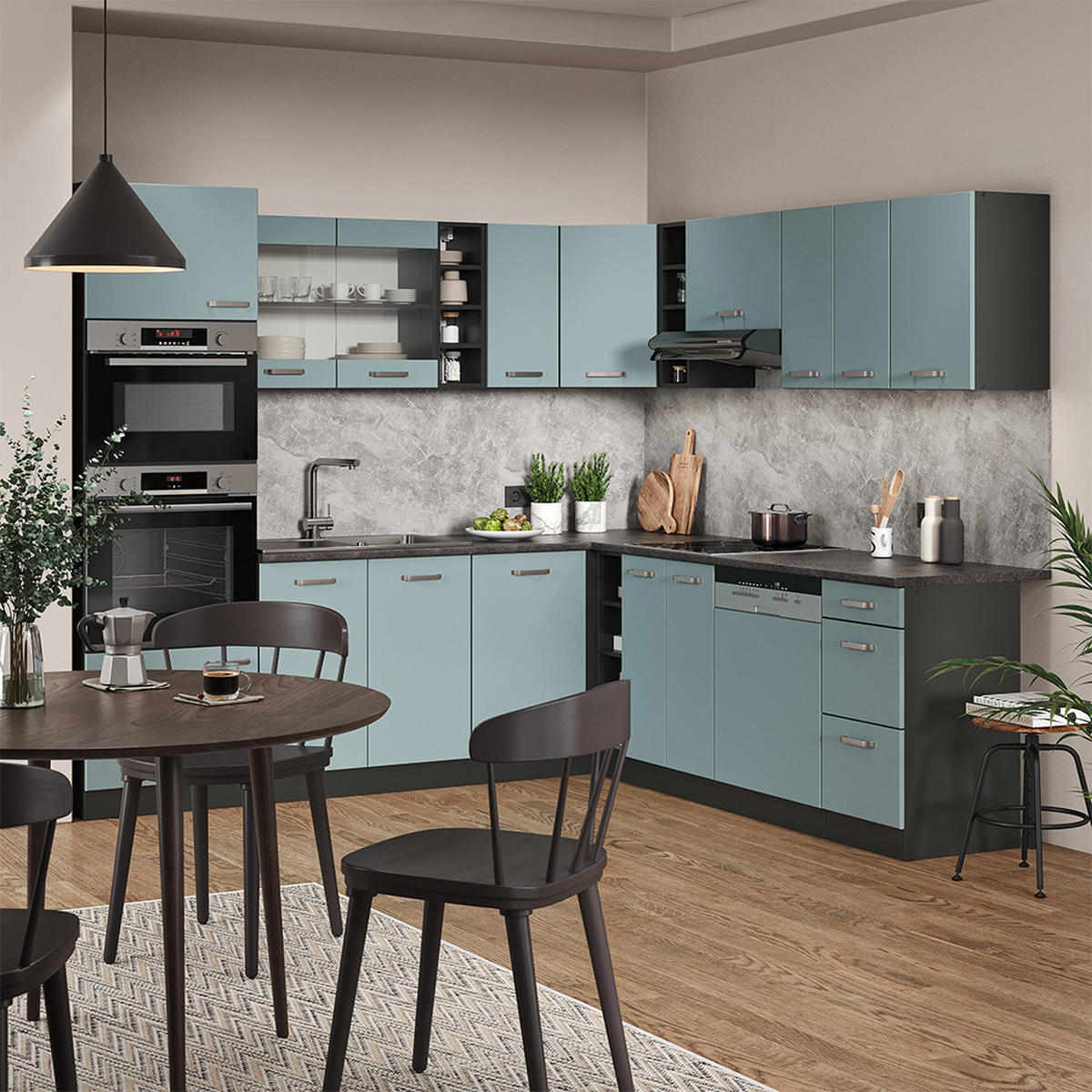 ECKKÜCHE R-Line Blau-Grau/Anthrazit 237 x 247 cm, AP Marmor - Anthrazit/Blaugrau, Holzwerkstoff (247/81.6/60cm) - Vicco