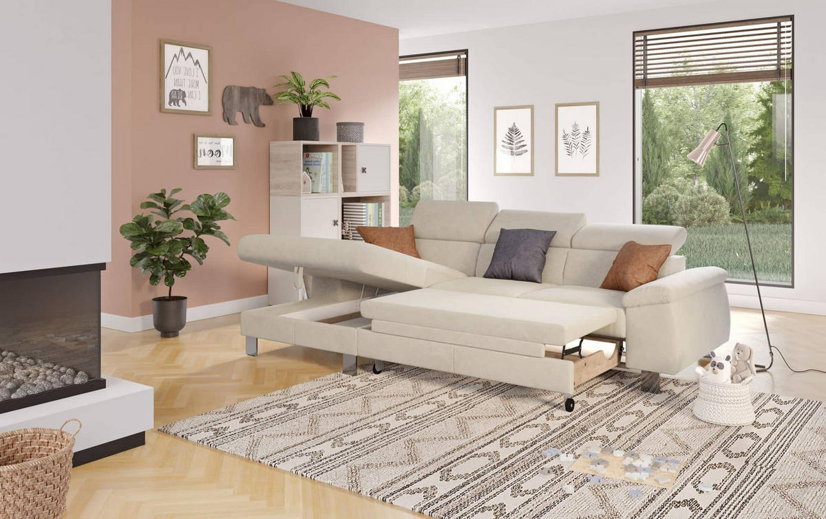 ECKSOFA mit Schlaffunktion und Bettkasten - Chromfarben/Beige, Holz/Textil (244/166cm) - Cotta