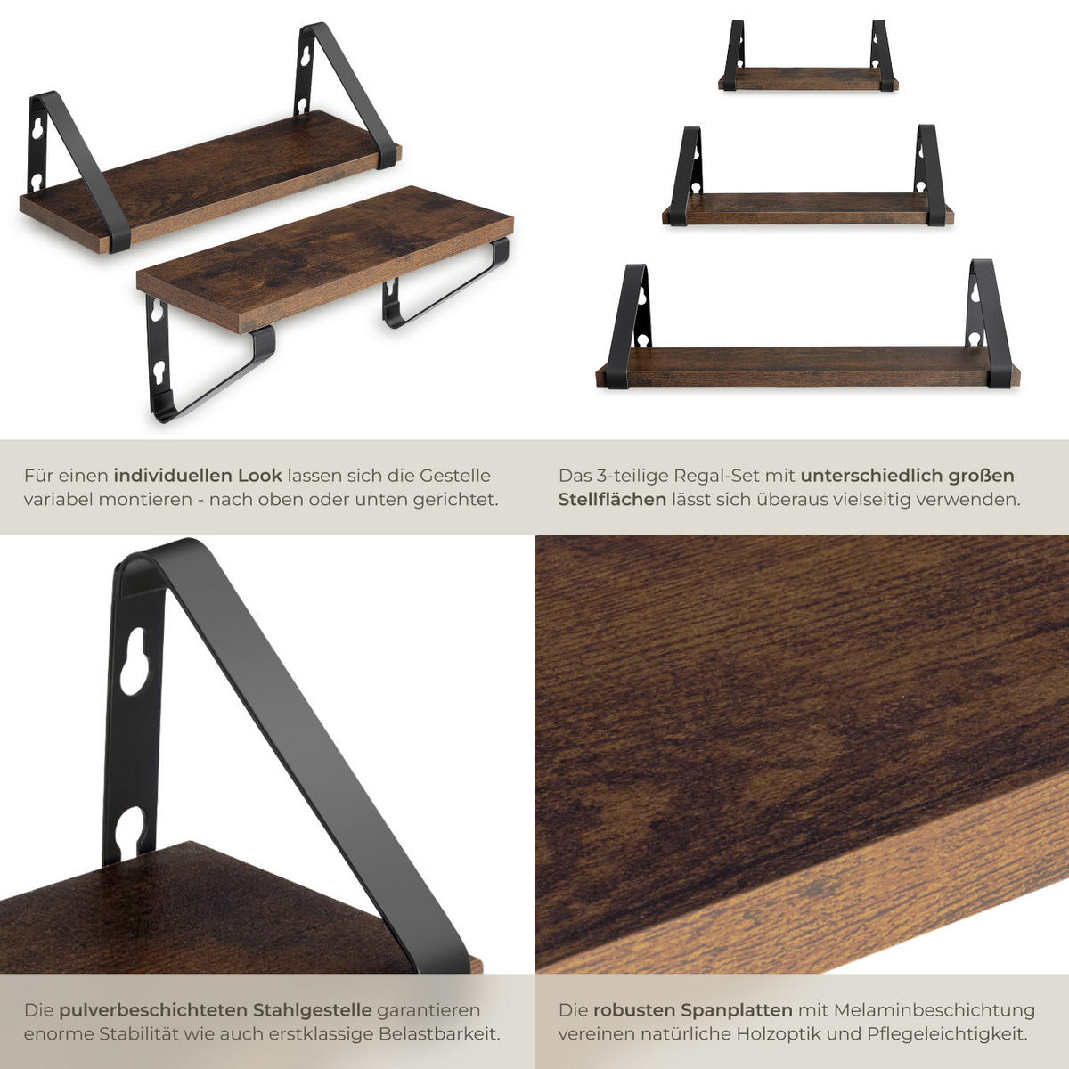 WANDREGAL 3er Set Cowell,Höhe 12 cm, Industrial Holz dunkel, rustikal - Rostfarben, Holzwerkstoff (12/12/40cm) - tectake