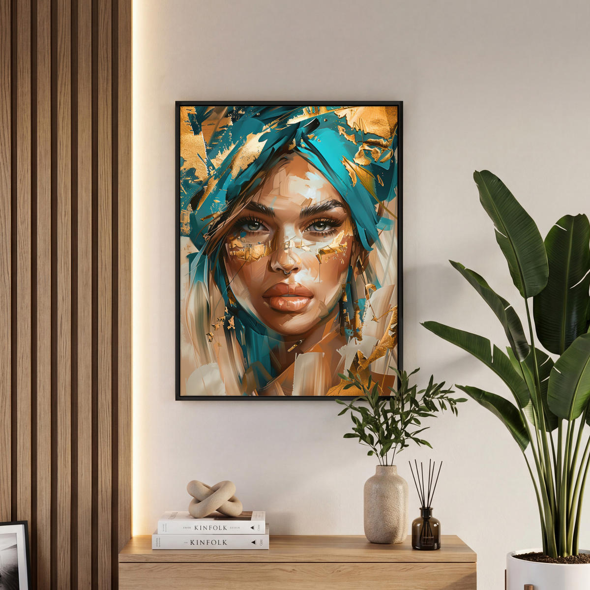 LEINWAND Bilder mit Rahmen - Frau - Porträt - Gold - Luxus - Blau - 50x70 - Türkis, Textil (50/70cm) - MuchoWow